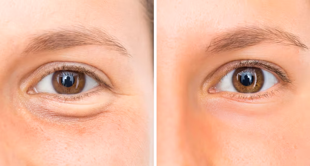 Mulher antes e depois de blefaroplastia em São Paulo mostrando pálpebras mais abertas e rejuvenescidas