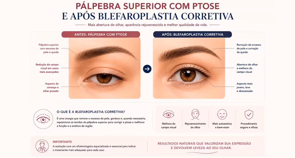 Ilustração comparando pálpebra superior com ptose e após blefaroplastia corretiva