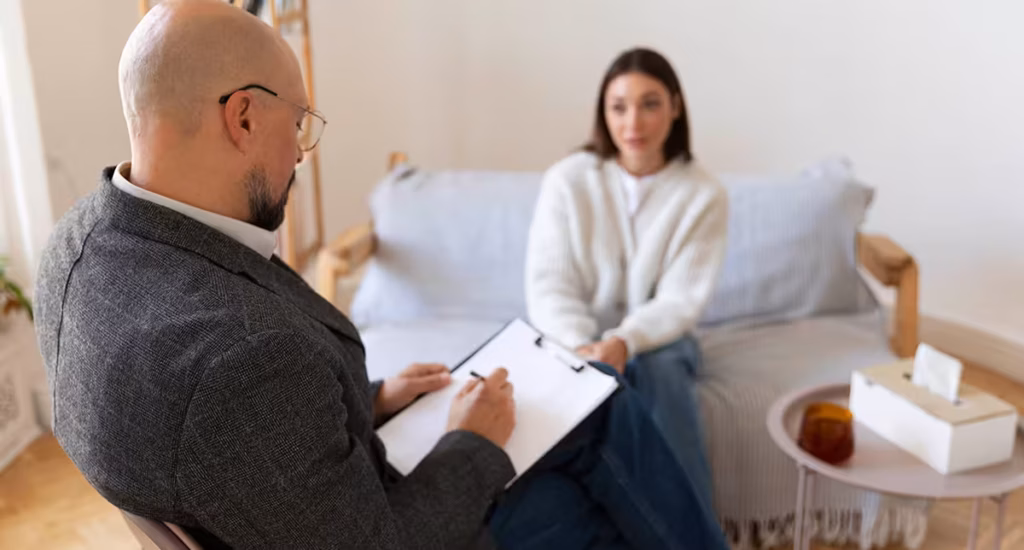 Psicoterapeuta em Olinda em sessão de atendimento com paciente em consultório iluminado