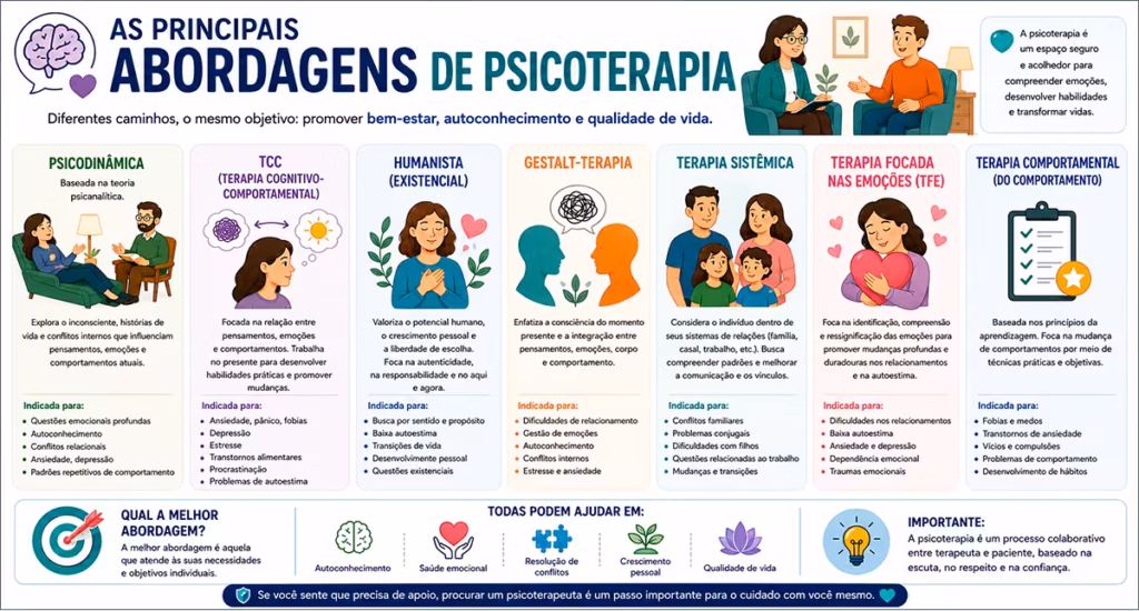 Infográfico com as principais abordagens de psicoterapia em Olinda incluindo TCC psicanálise terapia humanista EMDR e sistêmica
