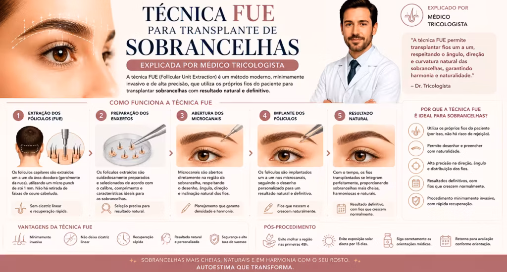 "técnica FUE para transplante de sobrancelhas explicada por médico tricologista"