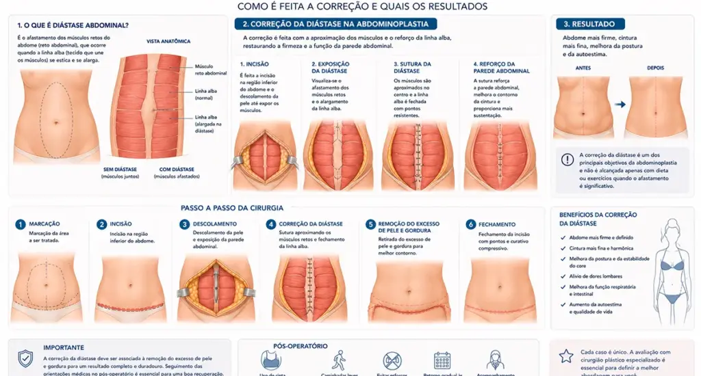 Ilustração da correção da diástase abdominal na abdominoplastia