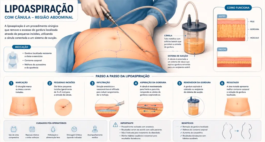 Ilustração da técnica de lipoaspiração com cânula em região abdominal
