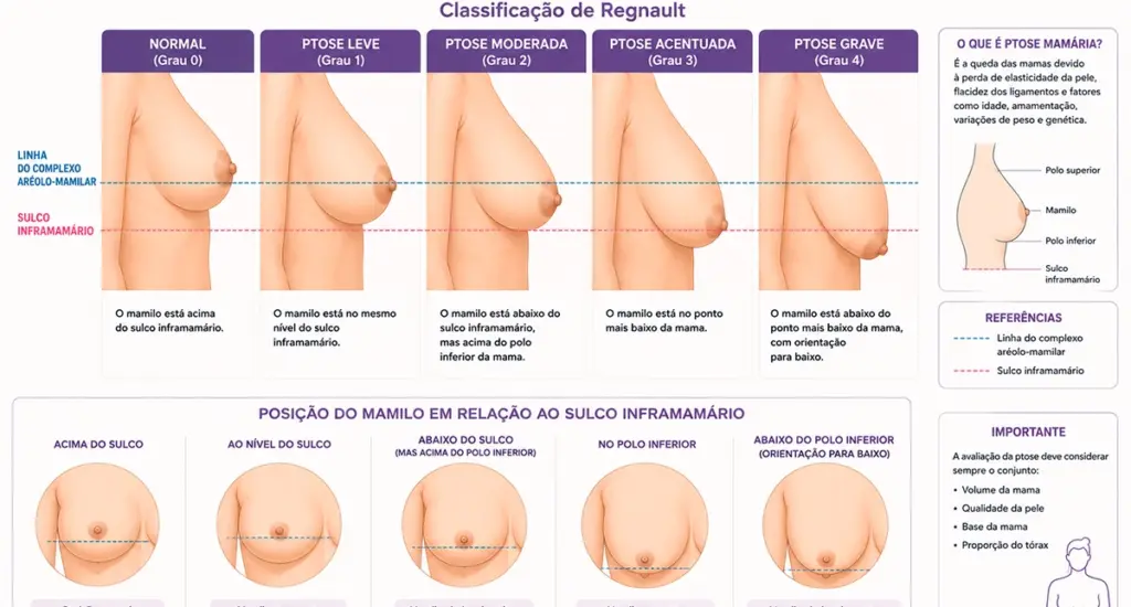 Ilustração dos graus de ptose mamária e posição do mamilo
