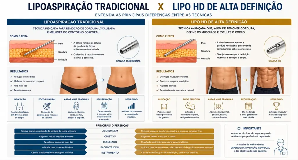 Comparação entre lipoaspiração tradicional e lipo HD de alta definição