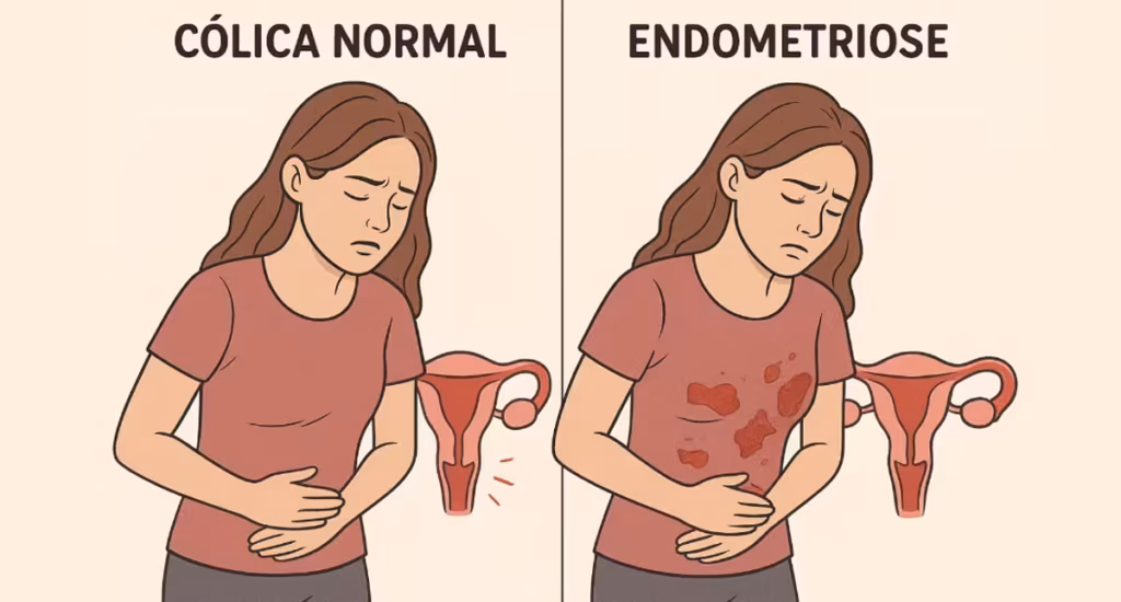 comparação visual entre cólica menstrual comum e dor por endometriose
